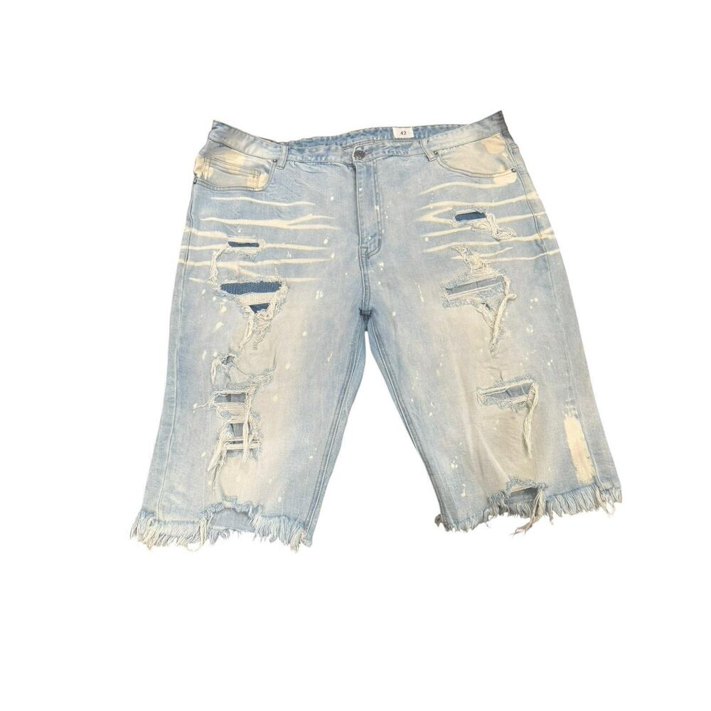 Smoke Rise Mens Distressed Denim Shorts Jorts Size 42 Frayed Hem Paint Splatter